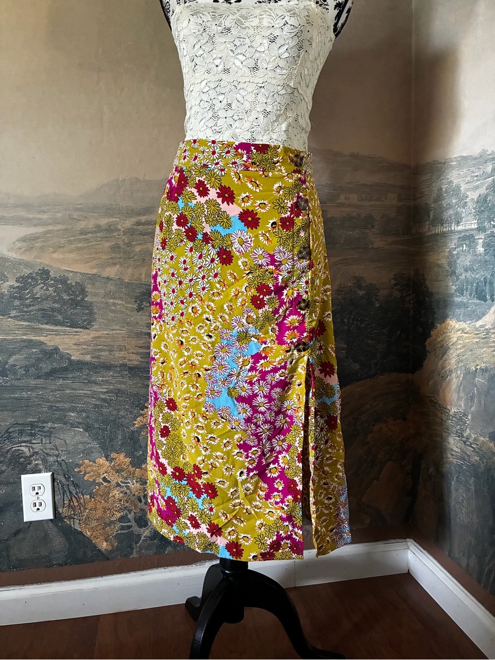 Floral Midi Skirt in Mustard Yellow and Pink